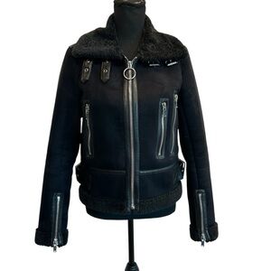 Zara black Faux Suede Shearling Aviator Bomber Moto biker Jacket Sz S
